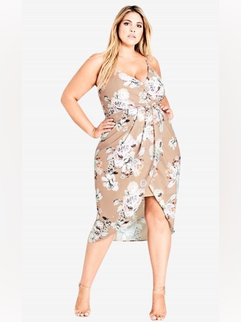 City Chic Plus Size Paper Floral Print Faux Wrap Dress Sz 18